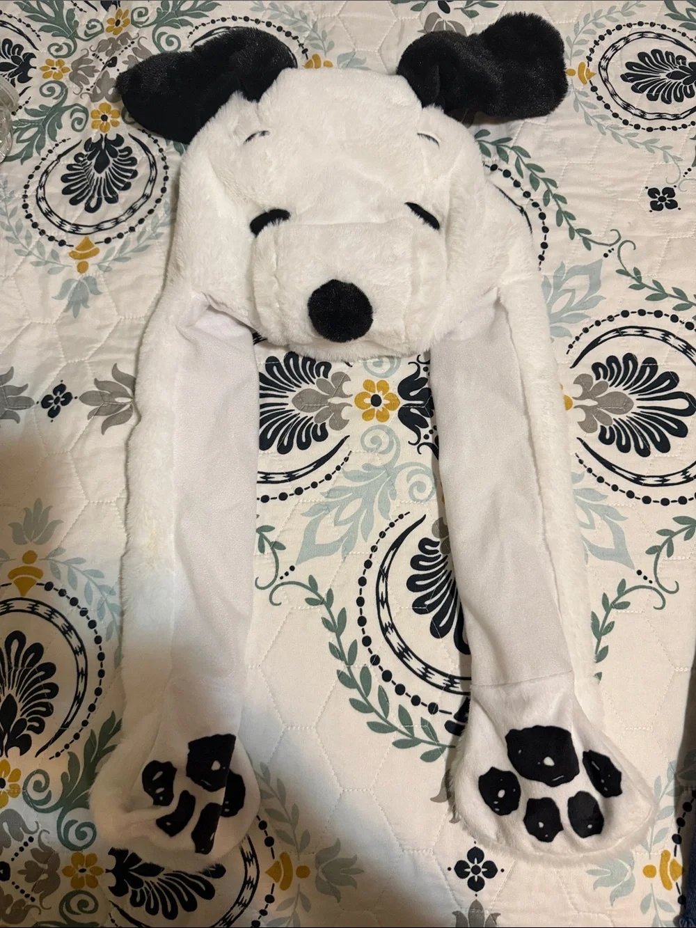 White Plush Dog Paw Hat with Long Ear Flaps